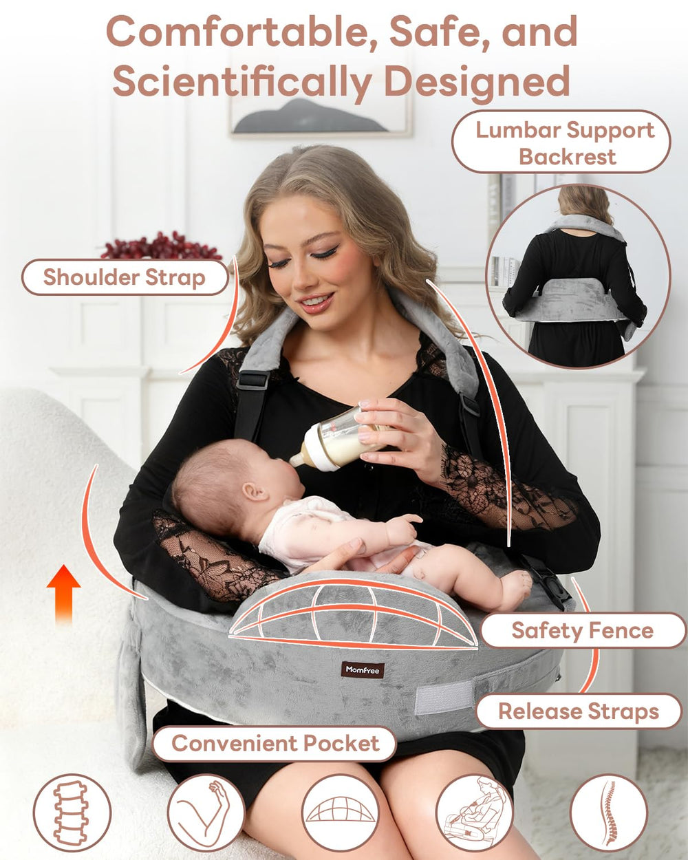 Momfree Nursing Pillow C-shaped base eliminating gaps for comfortable holds
