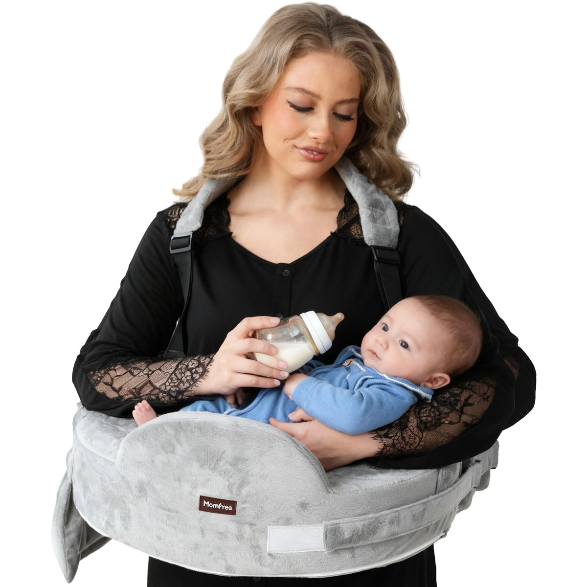 Momfree Nursing Pillow with neck strap for hands-free feeding and mobility