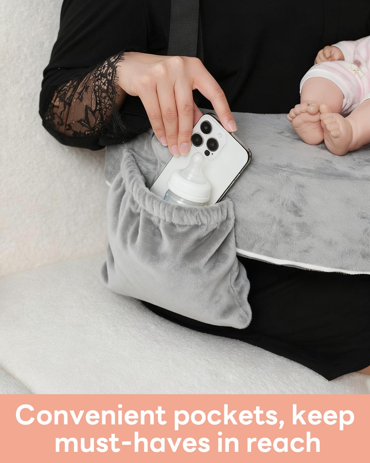 Momfree Nursing Pillow removable cover with pocket keeps essentials handy