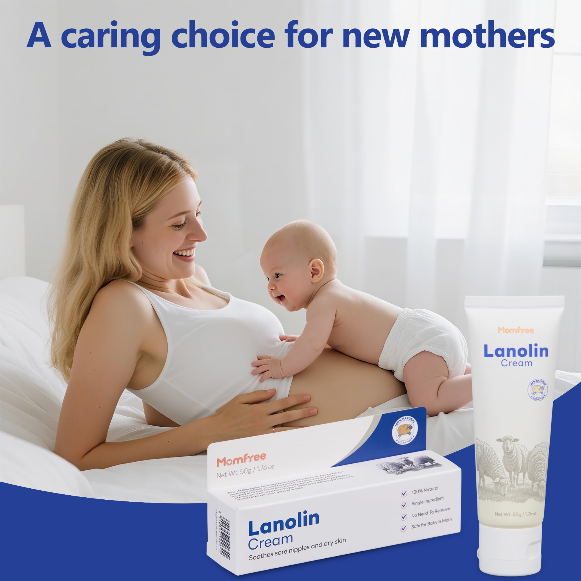 Momfree compact packaging with safety labels for moms and babies.