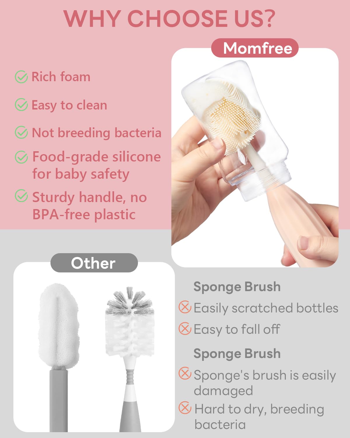 Momfree silicone tube brush cleans narrow openings like straws.