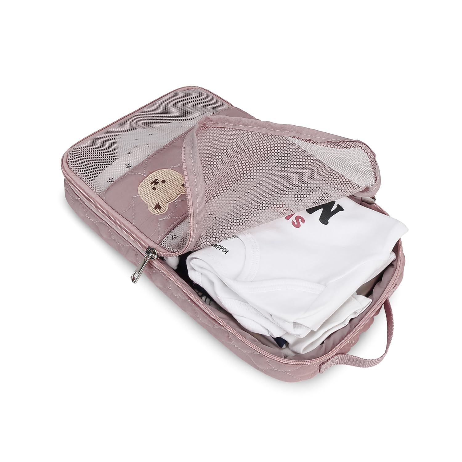 MOMIGO bear mesh bag in pink features a cute design for easy packing.