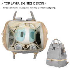 MOMIGO breast pump backpack grey open top, highlighting top dry space
