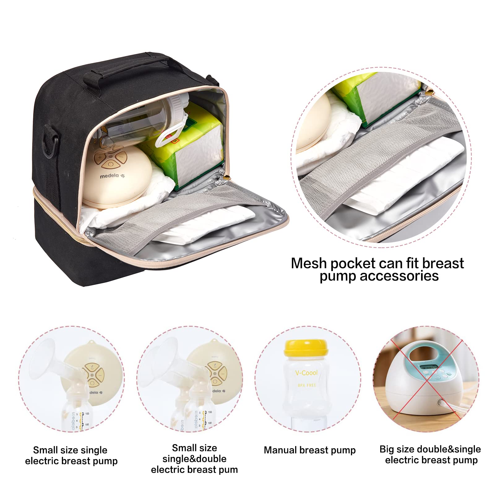 MOMIGO breast pump bag bottom layer stores bottles securely for transport.