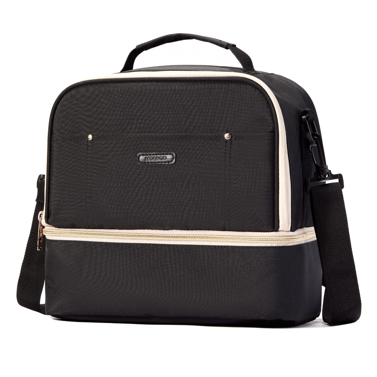 MOMIGO breast pump bag cooler top layer keeps dry items organized for on-the-go pumping.