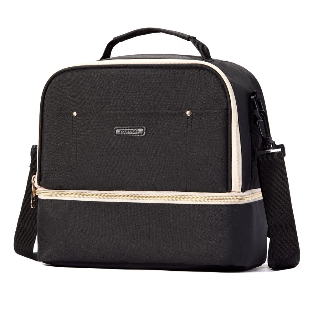 MOMIGO breast pump bag cooler top layer keeps dry items organized for on-the-go pumping.