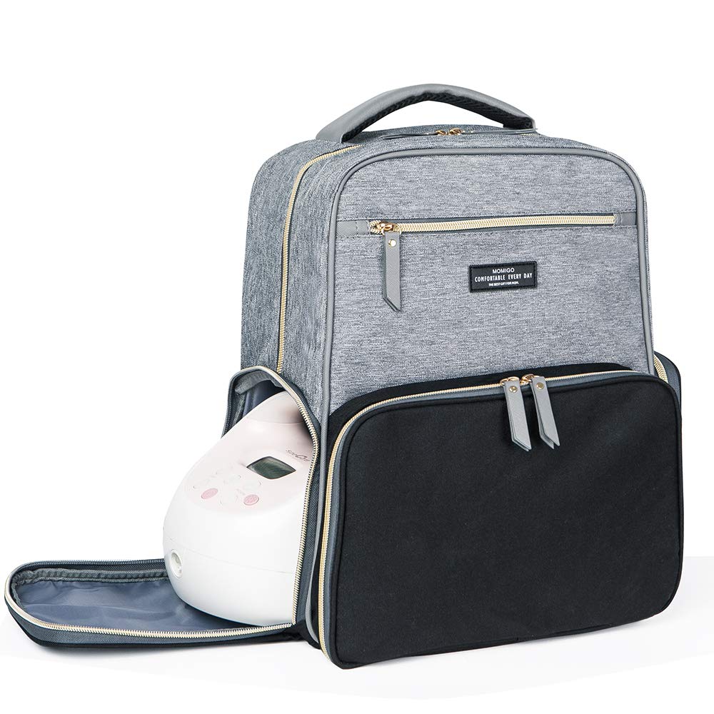MOMIGO breastpump backpack front view in grey and black for on-the-go pumping