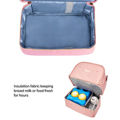 MOMIGO Breast Pump Bag Cooler bottom layer with six bottles and ice pack.