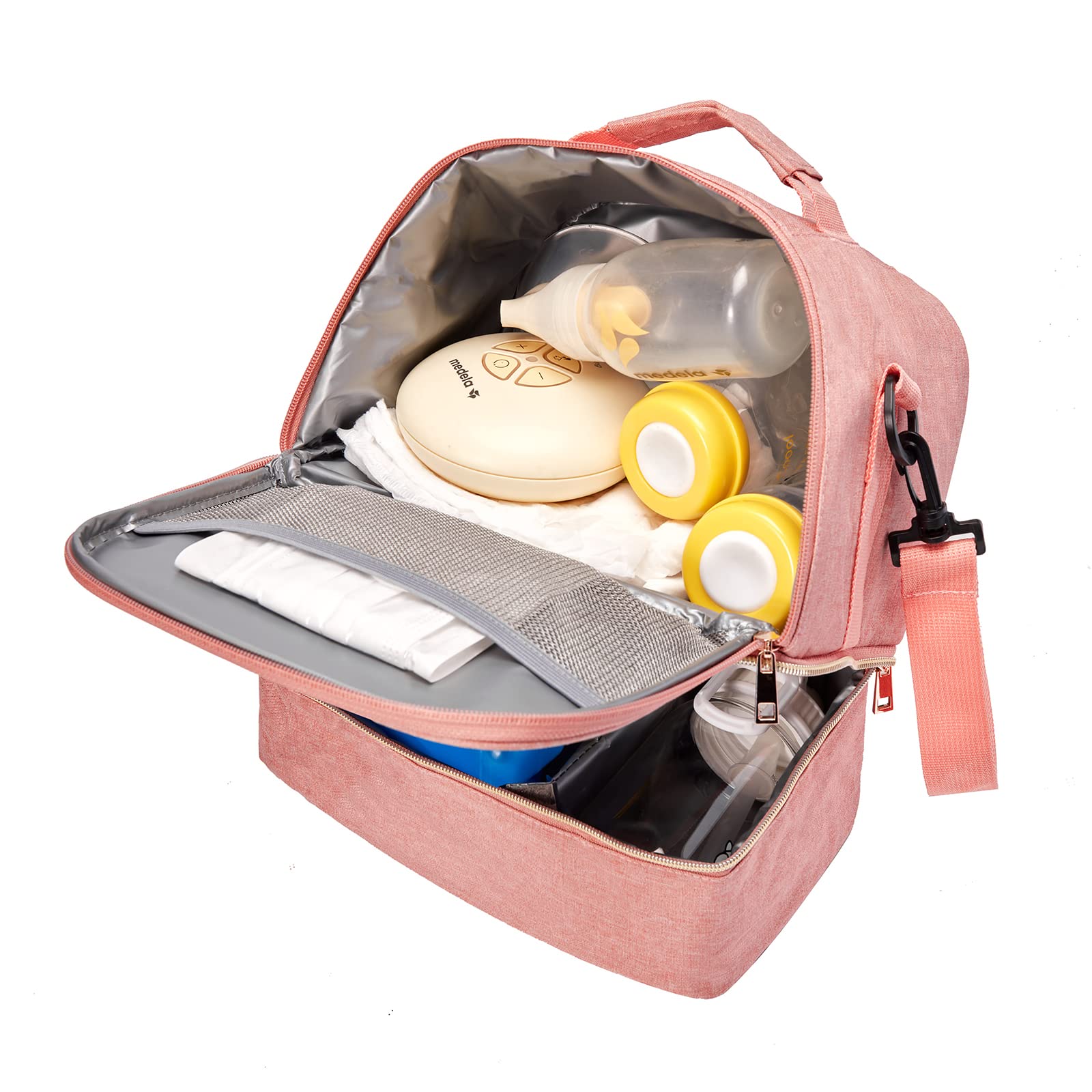 MOMIGO Breast Pump Bag Cooler open lid showing dry items and storage capacity.