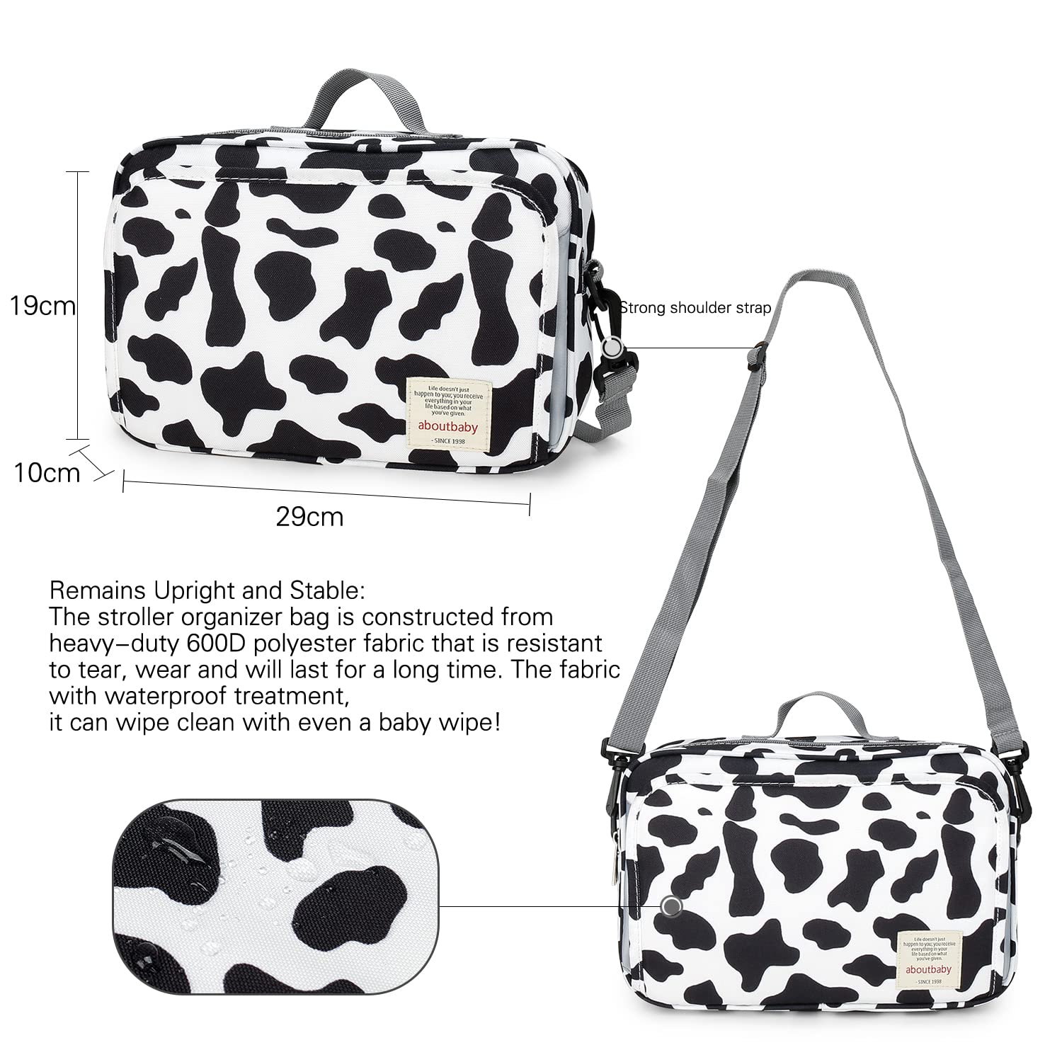 MOMIGO cow print diaper caddy milk bottle insulation pocket maintains temperature on outings.