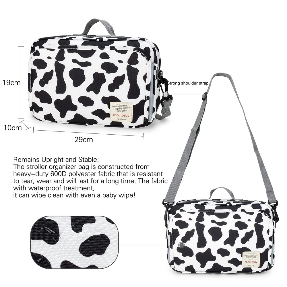 MOMIGO cow print diaper caddy milk bottle insulation pocket maintains temperature on outings.