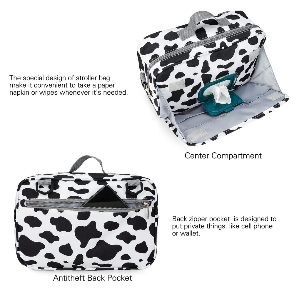 MOMIGO cow print diaper caddy tissue pocket keeps wipes within easy reach.