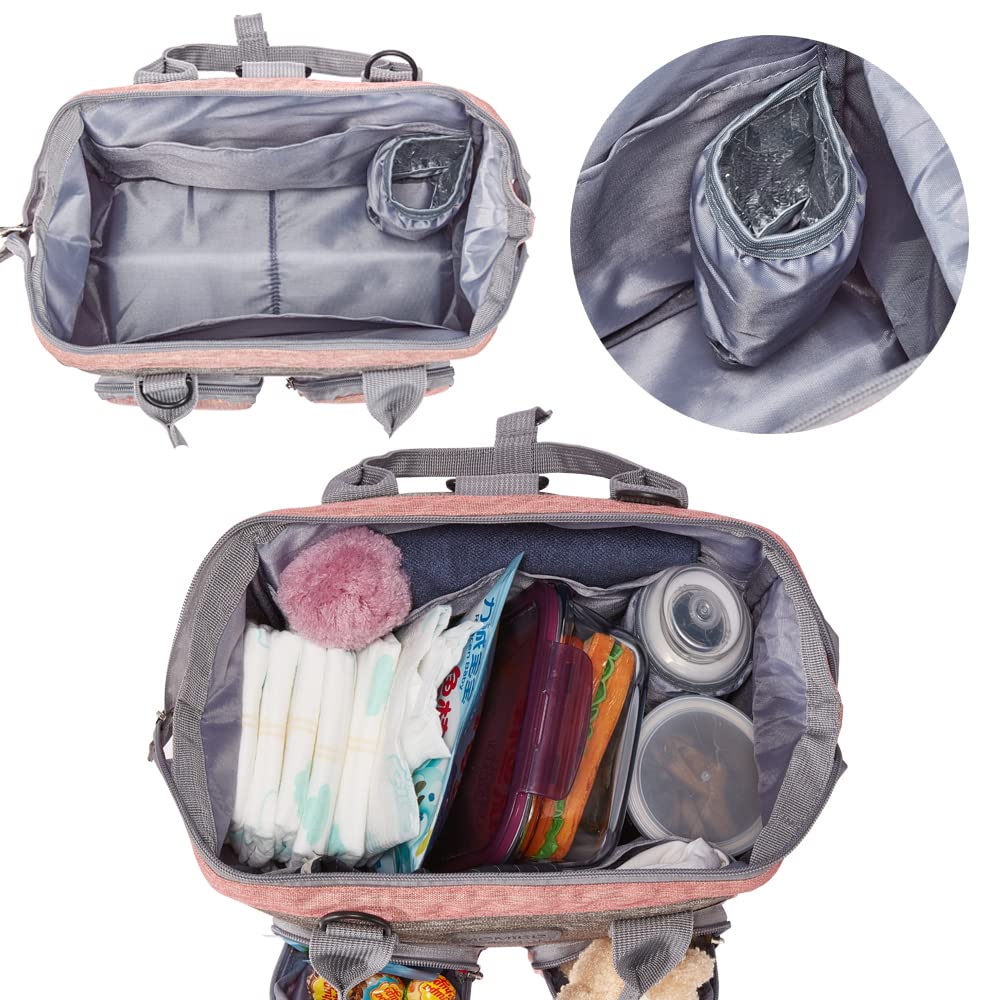 MOMIGO pink diaper bag backpack back view showing sturdy straps for comfort