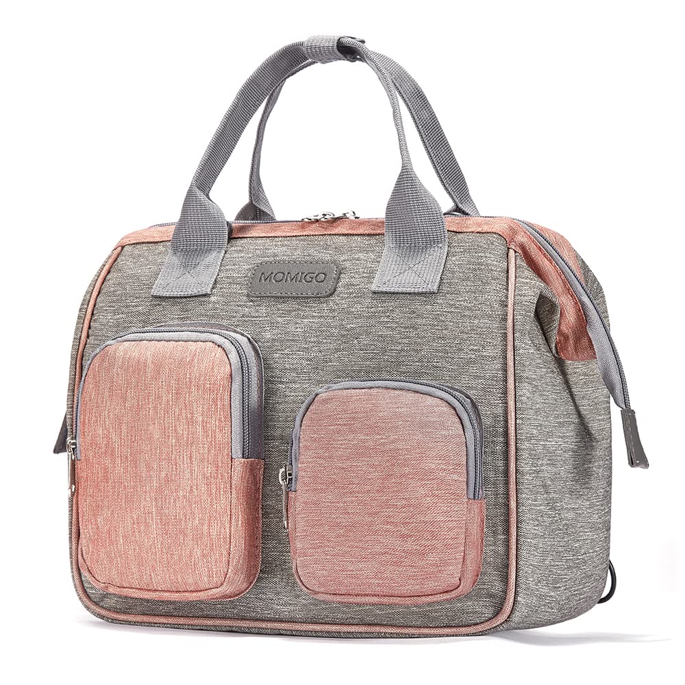 MOMIGO pink diaper bag backpack front view with organized pockets for quick access