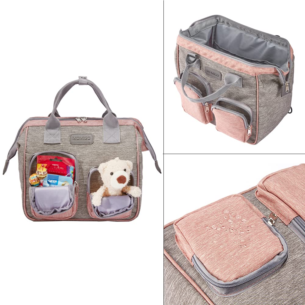 Interior pockets in MOMIGO bag keep wipes, diapers, changing pad neatly organized