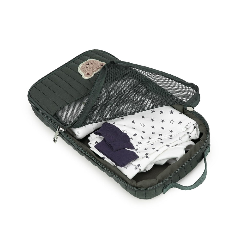 MOMIGO pouch with double zips and snap handle for easy access.