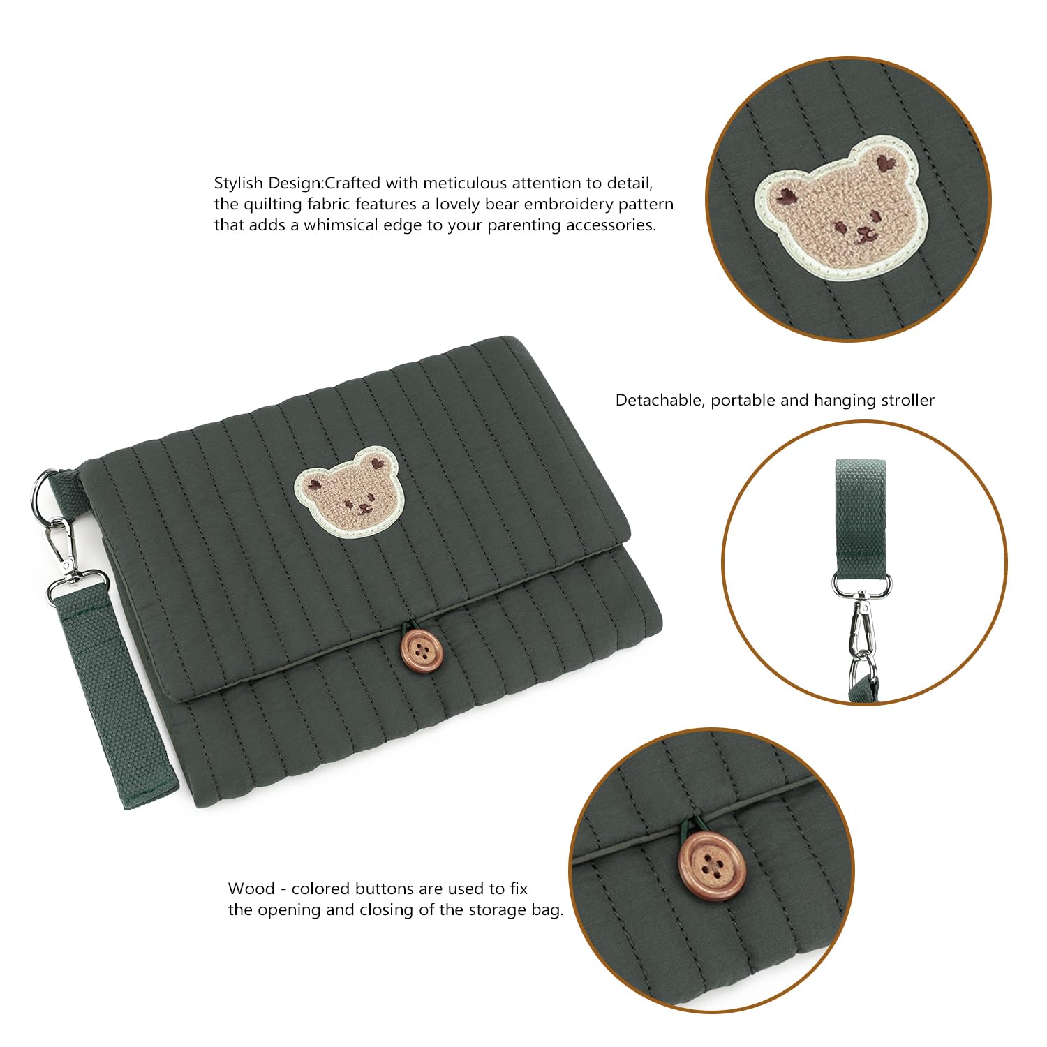 MOMIGO Love Bear diaper bag in green with stroller strap for hands-free adventures.