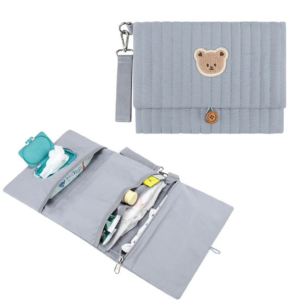 MOMIGO Love Bear embroidery on cream quilted fabric enhances everyday baby travel.