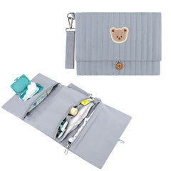 MOMIGO Love Bear embroidery on cream quilted fabric enhances everyday baby travel.