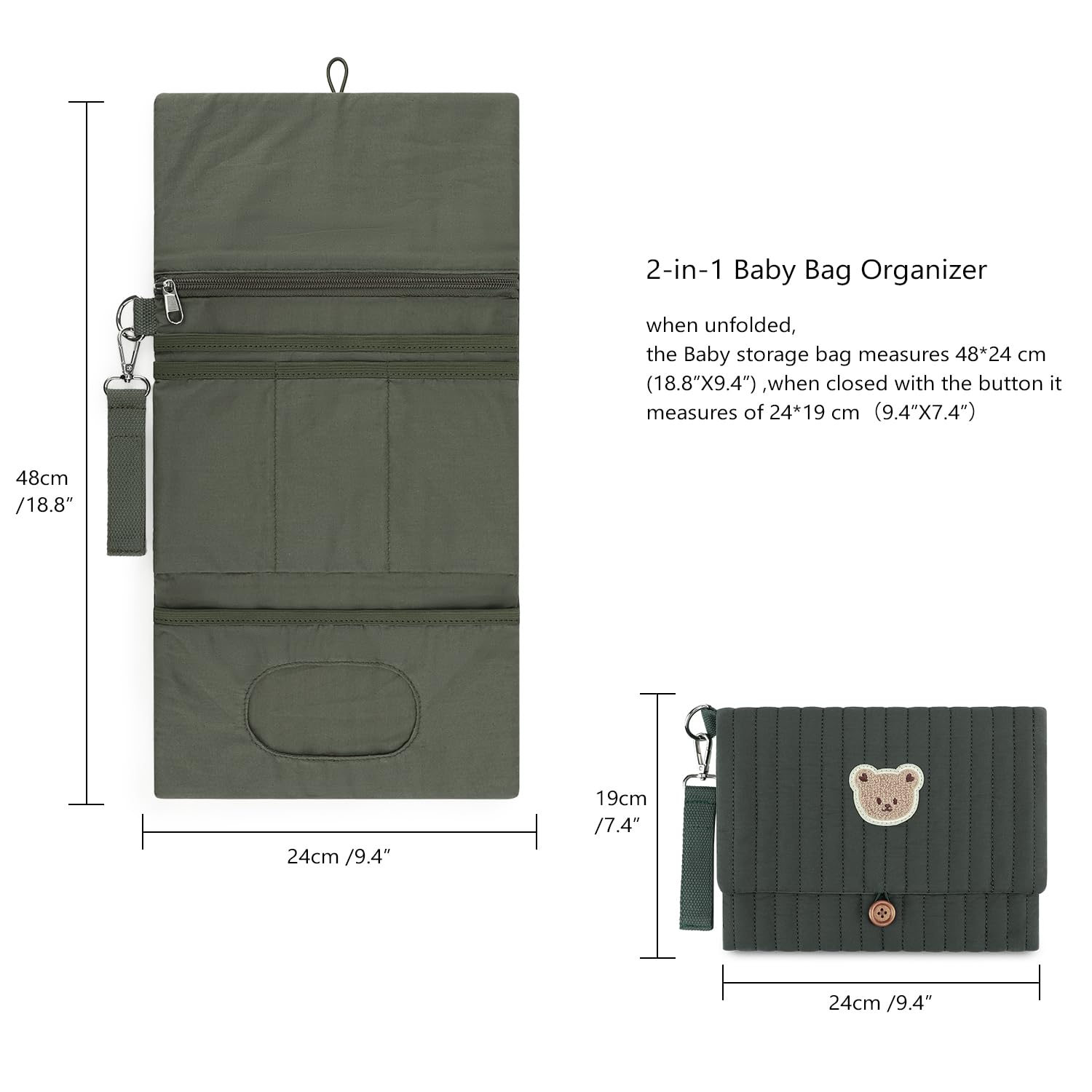 MOMIGO foldable diaper bag in green, ideal for travel and quick trips.