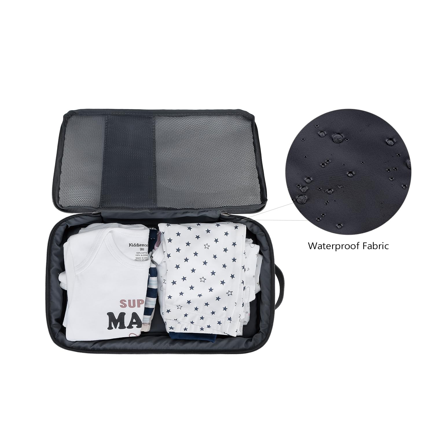 MOMIGO pouch with two zippers and a snap handle for easy access.