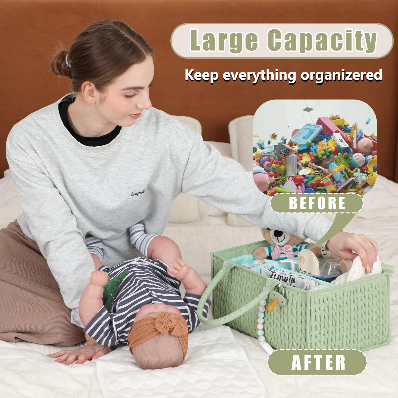 MOMINSIDE baby organizer multipurpose image shows it adapts as toy or clothing storage