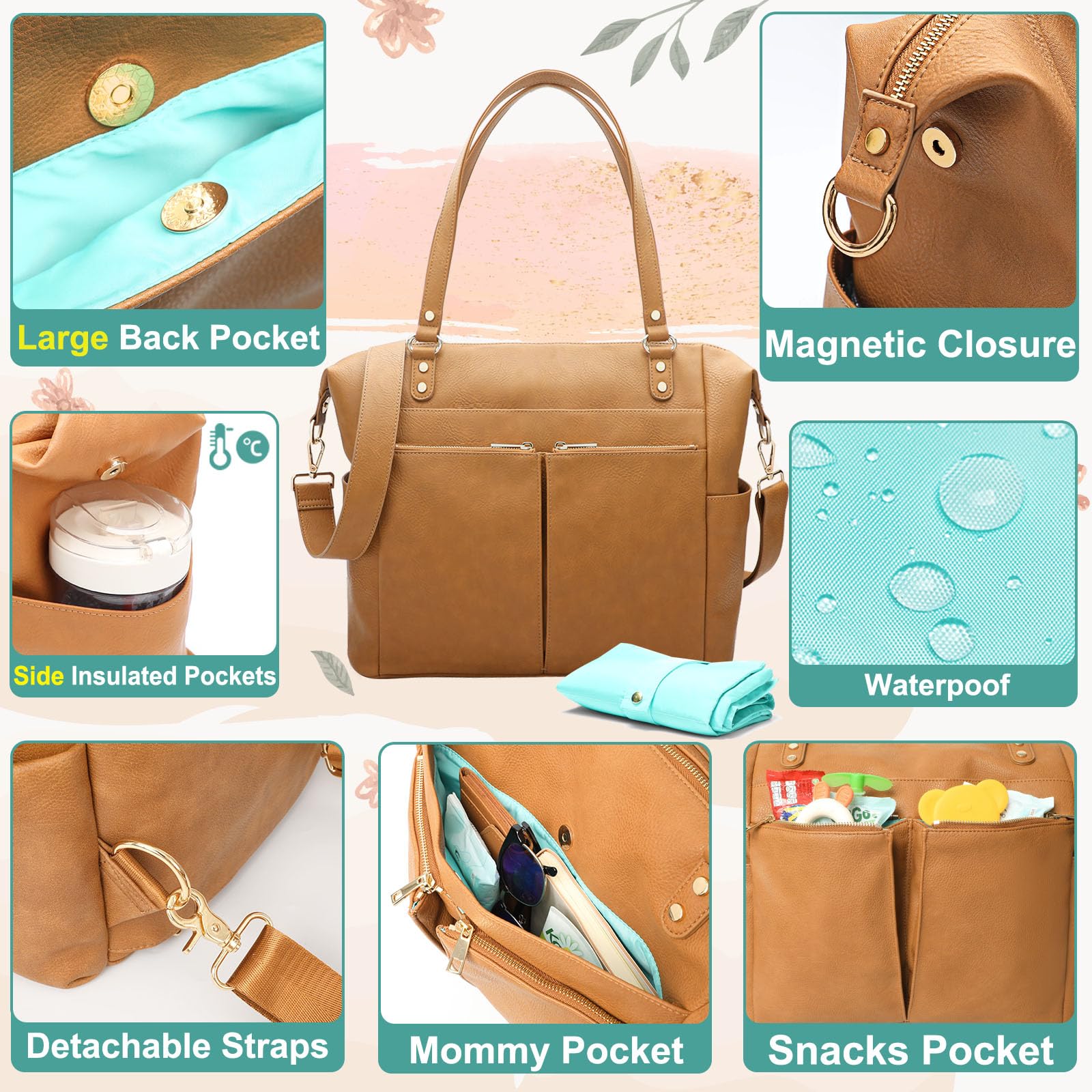 MOMINSIDE diaper bag tote back pocket doubles as luggage sleeve for travel