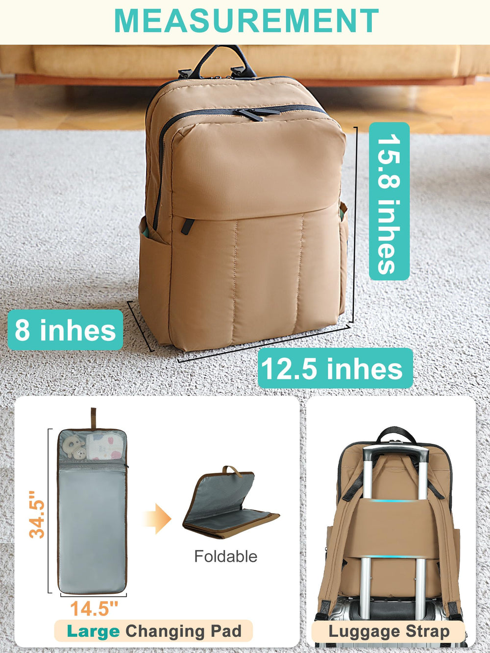 MOMINSIDE diaper bag backpack enlarged changing pad offers wider, more comfortable changes.