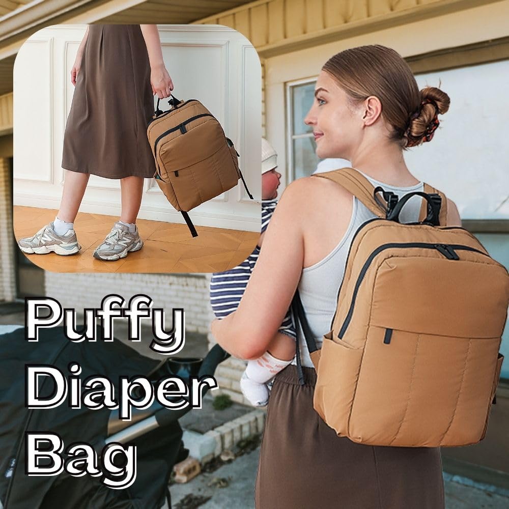 MOMINSIDE diaper bag backpack side pocket highlights organized storage and bottle holder.