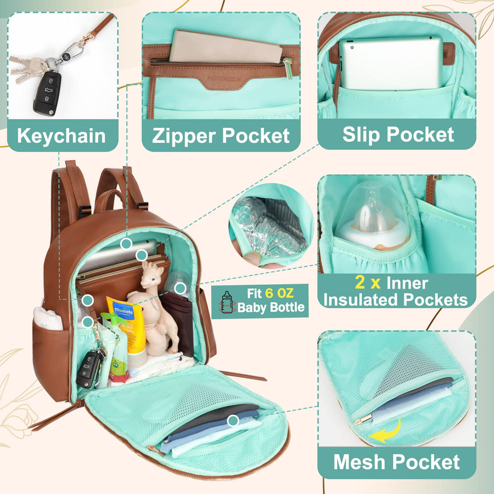 MOMINSIDE diaper bag backpack clipped to a stroller for hands-free outings.