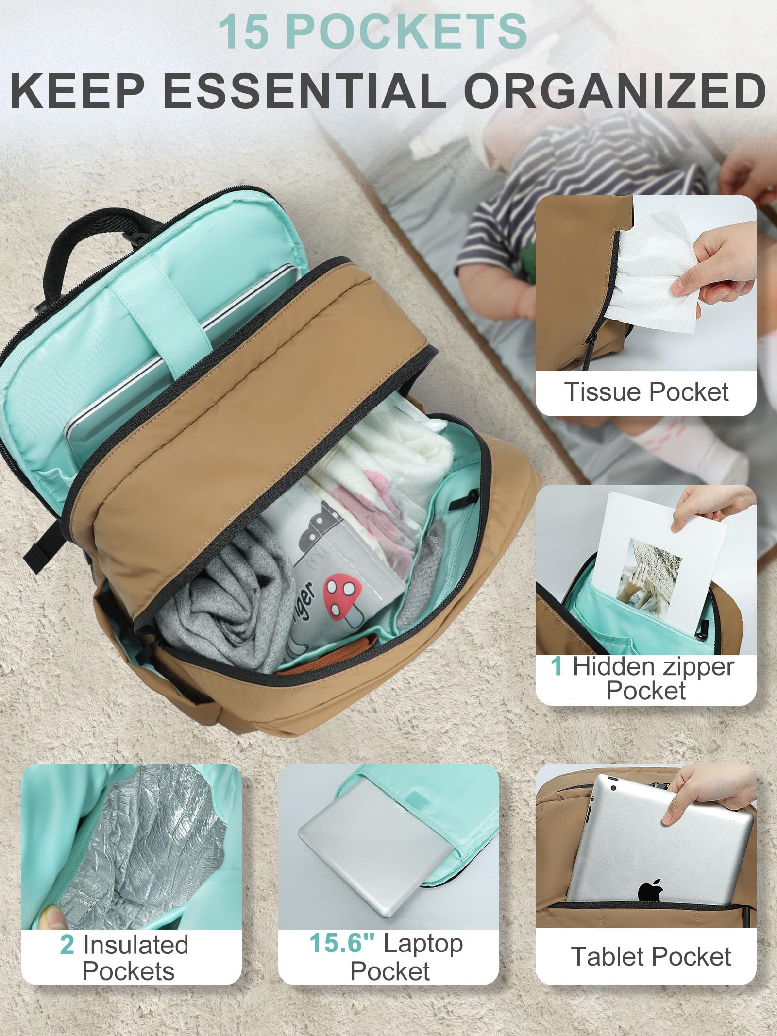 MOMINSIDE diaper bag backpack waterproof outer layer helps keep contents clean and dry.