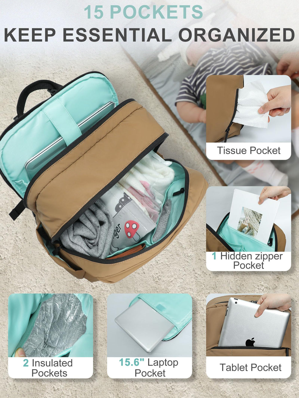 MOMINSIDE diaper bag backpack waterproof outer layer helps keep contents clean and dry.