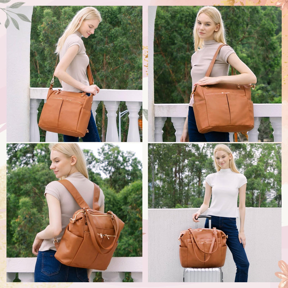 Interior layout of MOMINSIDE tote showing 13 pockets for easy organization.