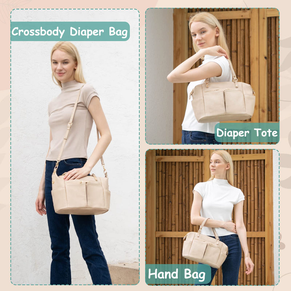 MOMINSIDE ivory diaper tote with side magnetic pocket for quick reach of essentials.