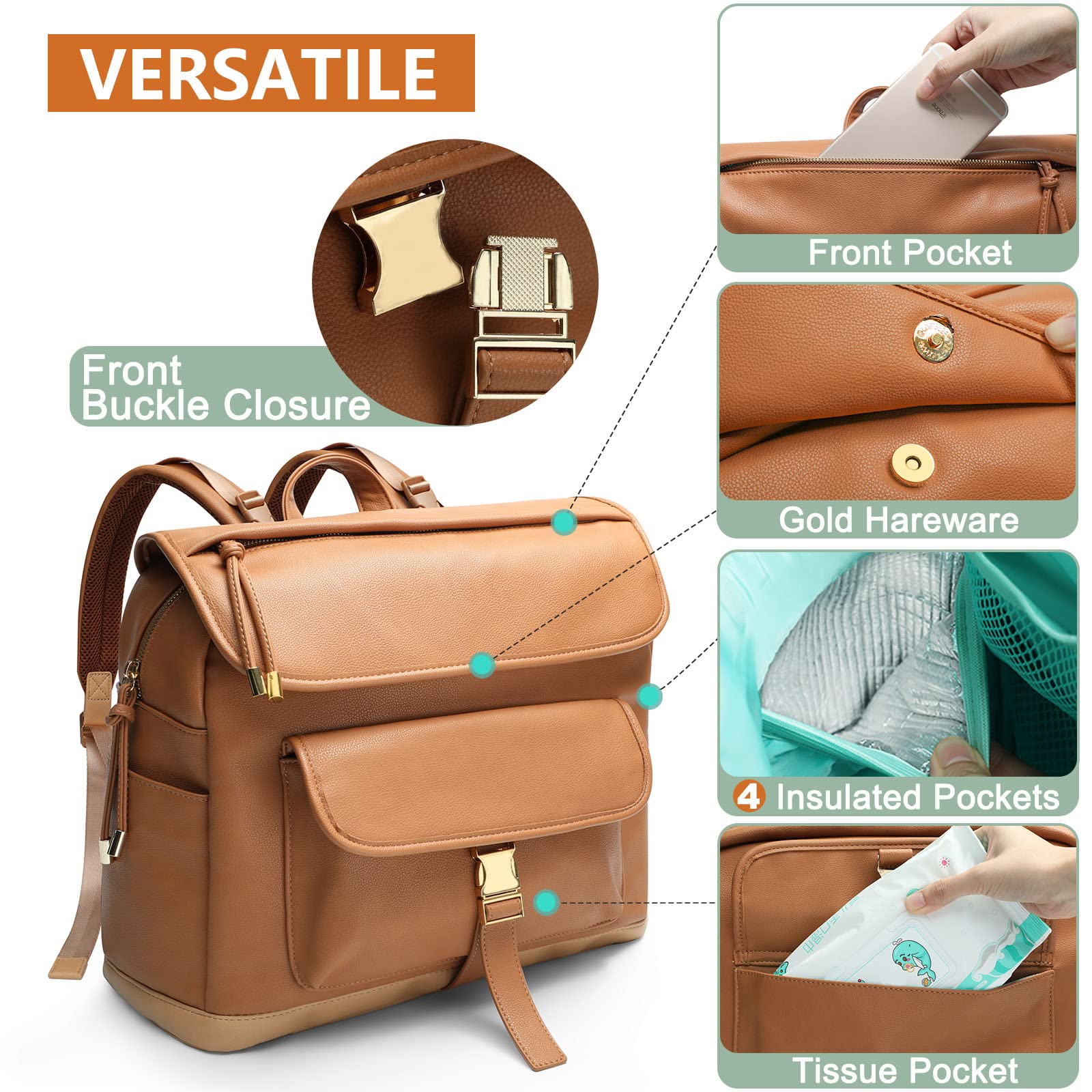 MOMINSIDE leather diaper bag backpack changing pad for on the go changes.