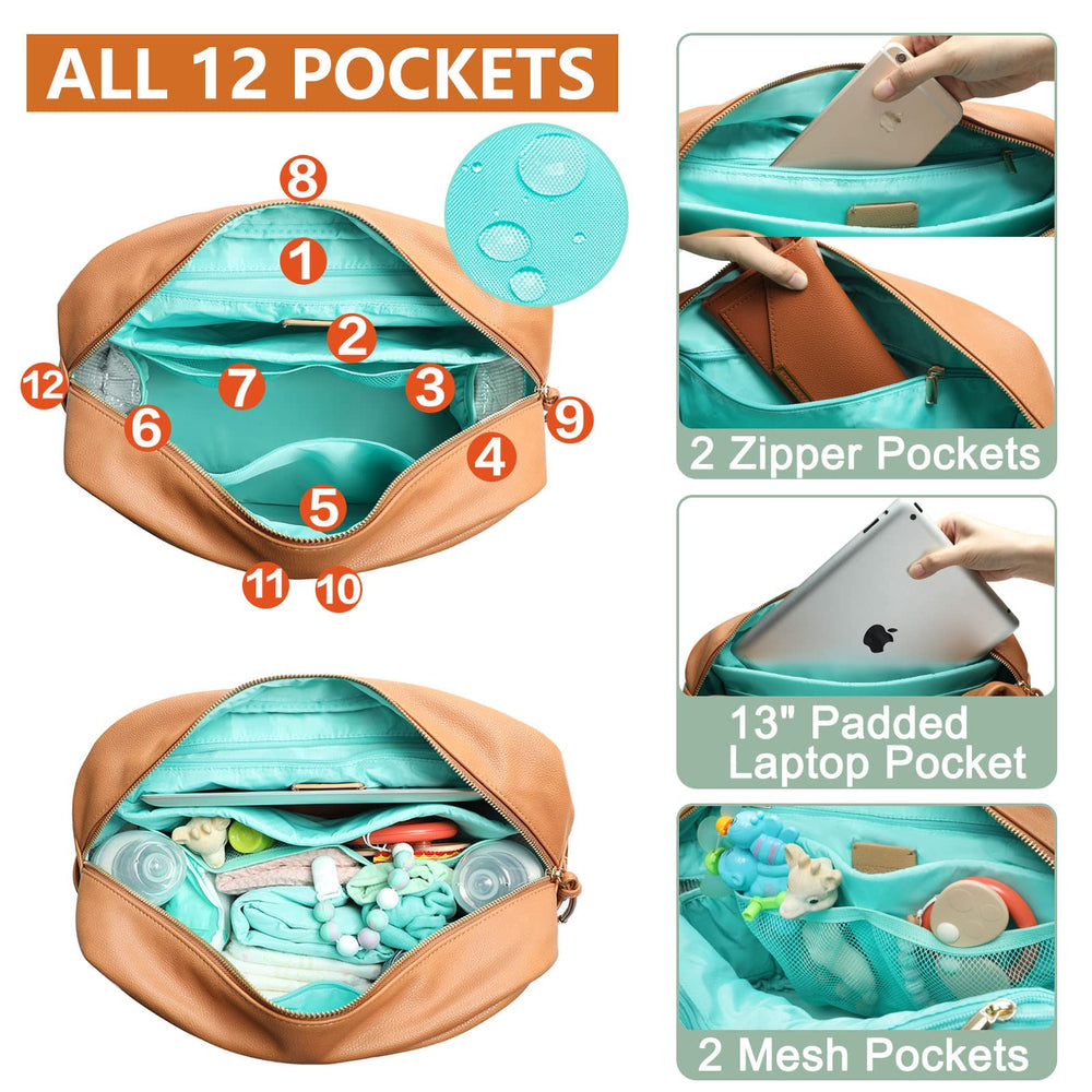 MOMINSIDE leather diaper bag backpack insulated pockets for keeping bottles warm or cold.