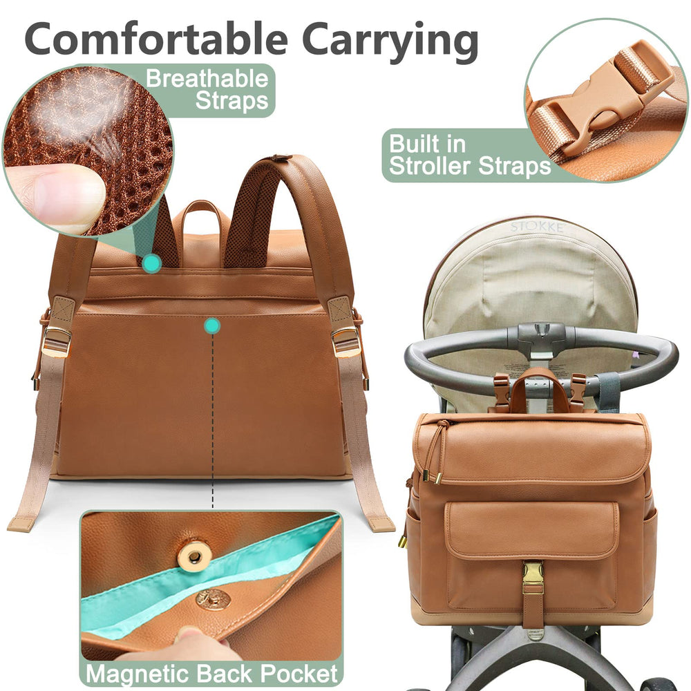 MOMINSIDE leather diaper bag backpack stroller clip for hands-free travel.