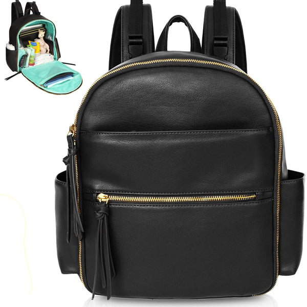 MOMINSIDE small diaper bag backpack in black, front view, easy to wipe clean.