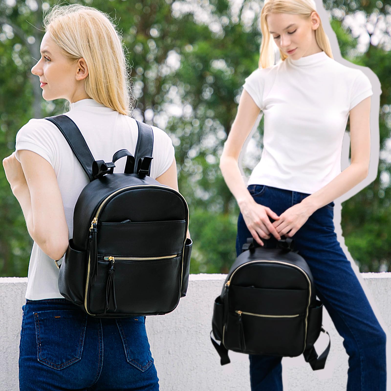 MOMINSIDE black diaper bag with insulated pocket focus for bottles.