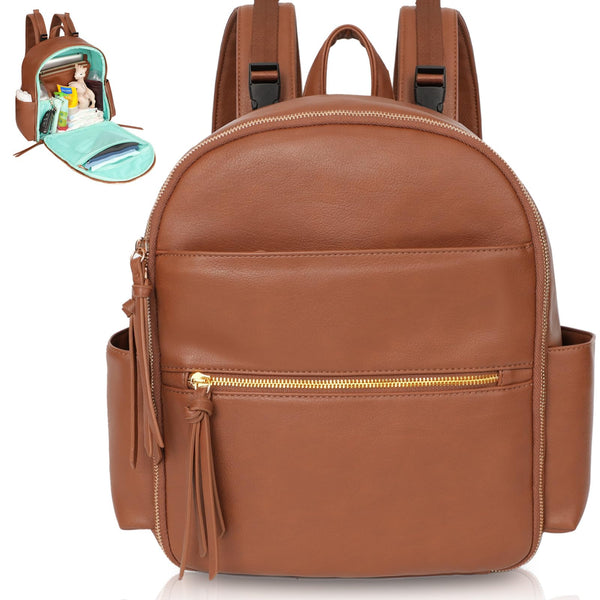 MOMINSIDE small diaper bag backpack in brown front view highlighting durable vegan leather and organized pockets.