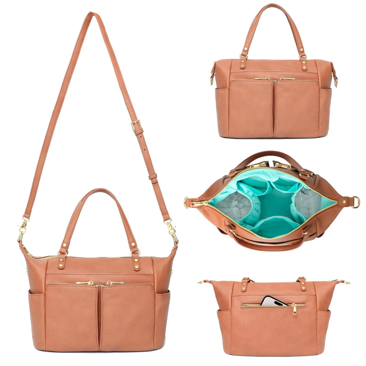 MOMINSIDE small diaper bag brown vegan leather with easy-clean surface.