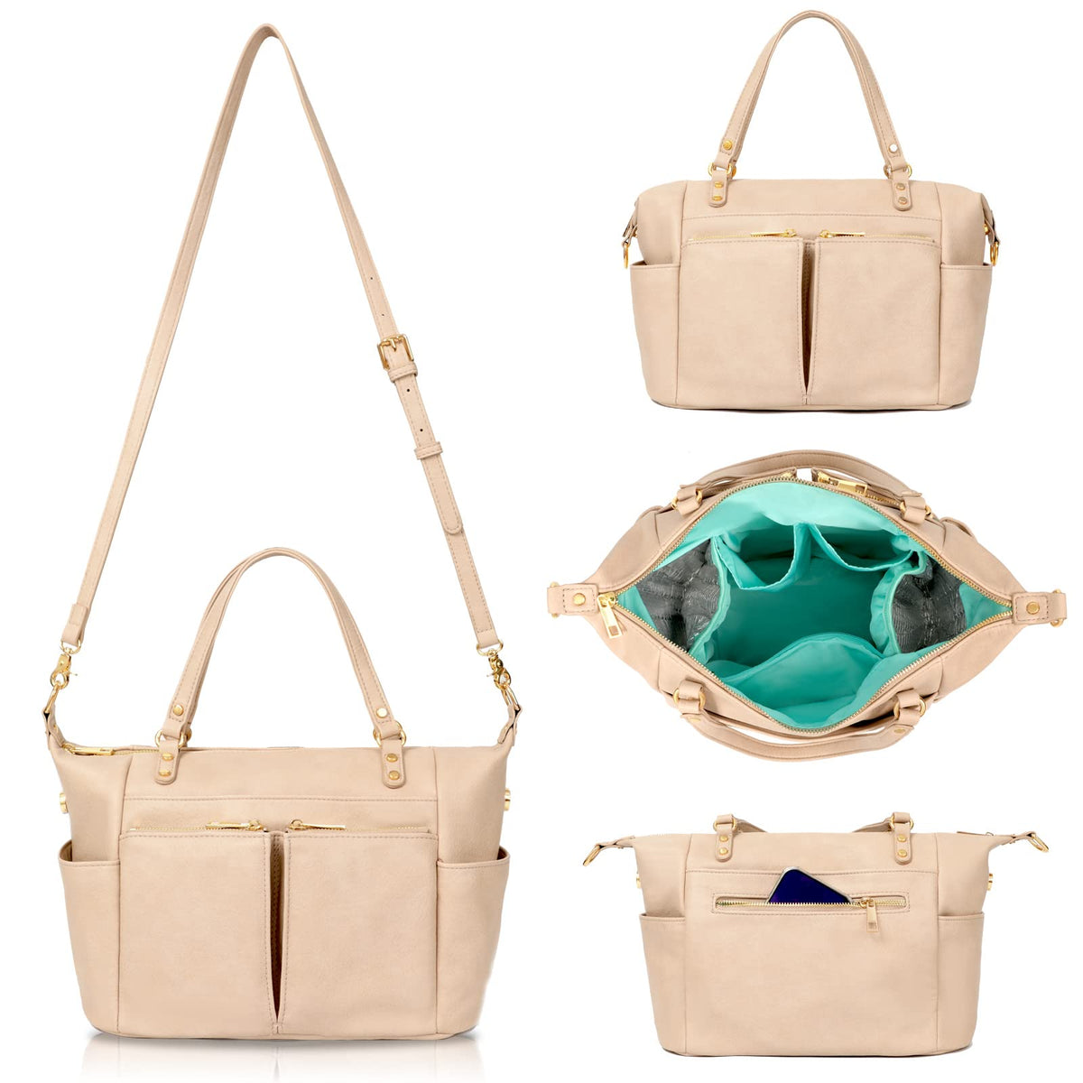 MOMINSIDE small leather diaper tote in ivory, crossbody view showing versatile carry options.