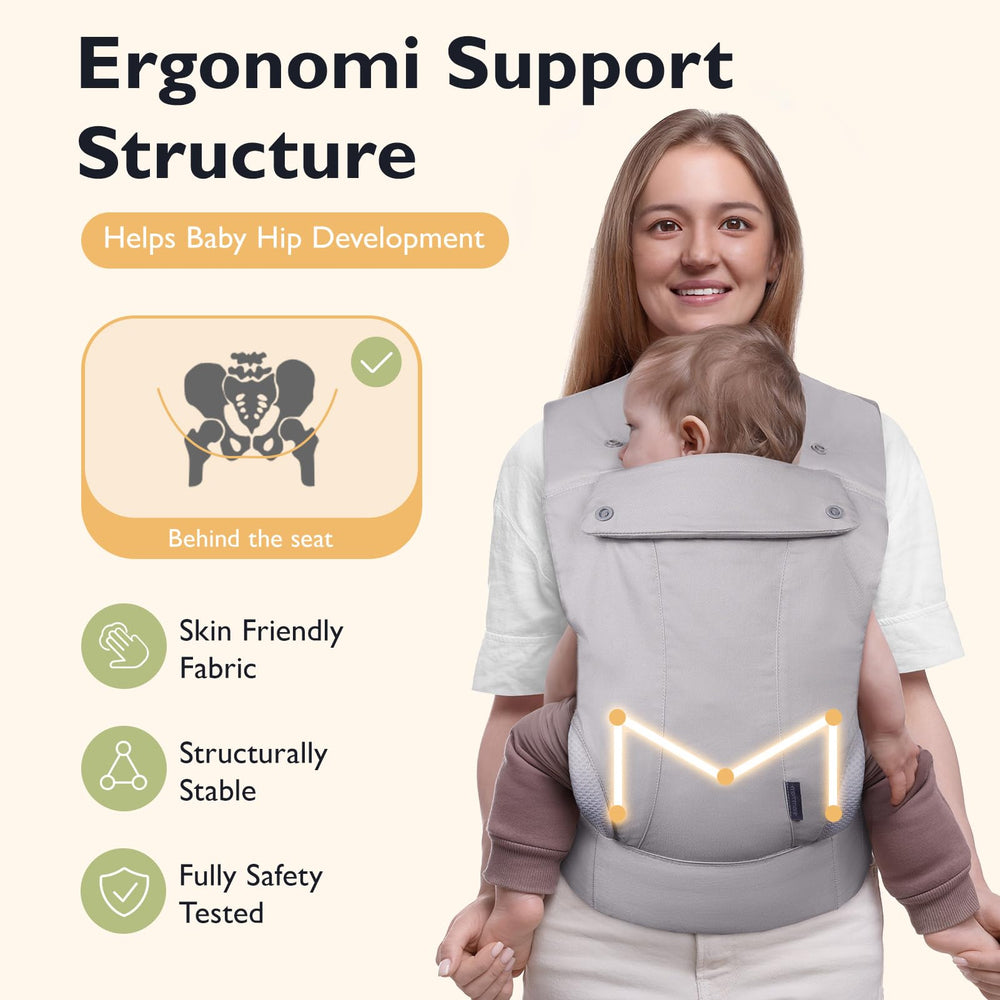 mommore baby carrier ergonomic M-shape supports hips and spine for healthy growth.