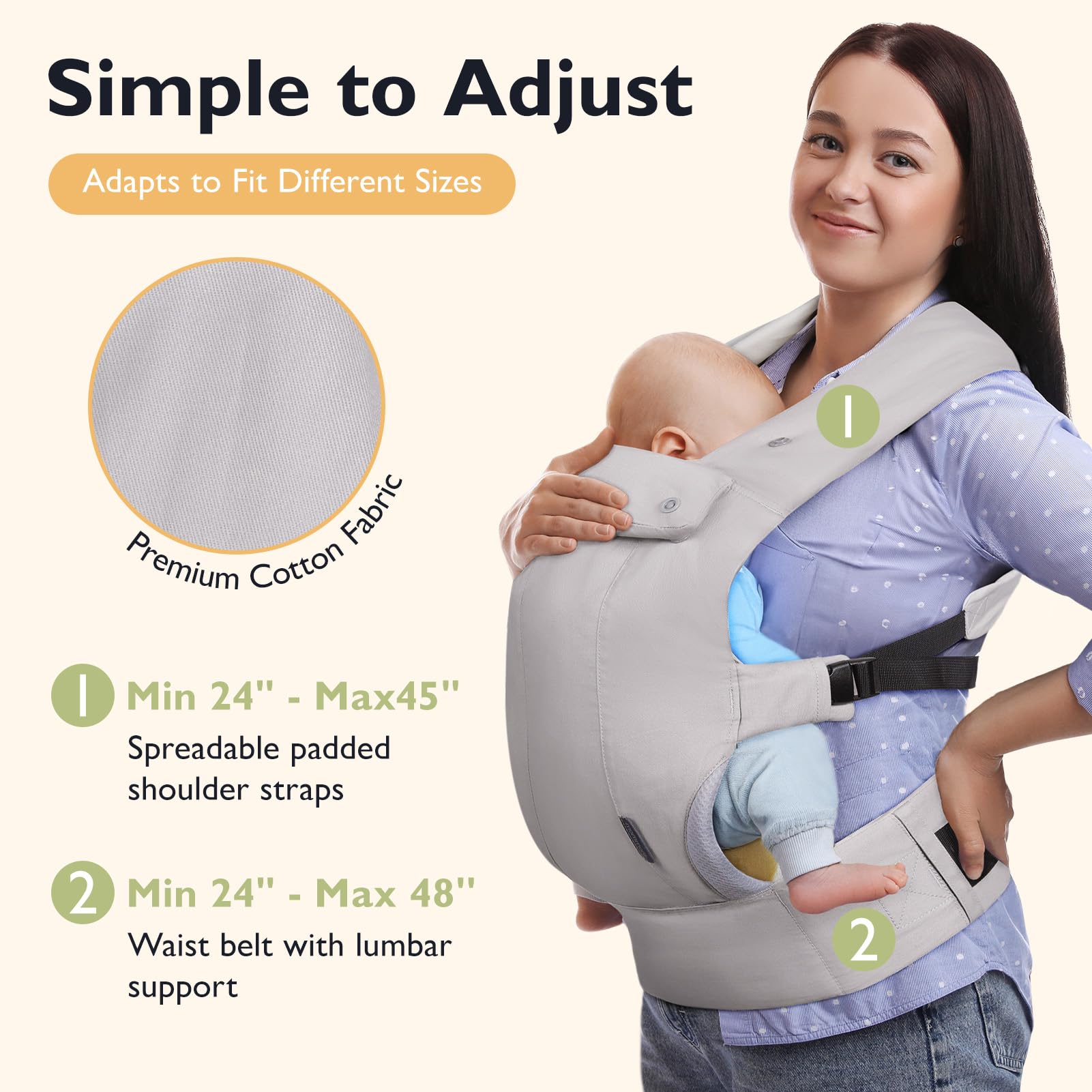 mommore baby carrier wide waist belt adds lumbar support during wear.
