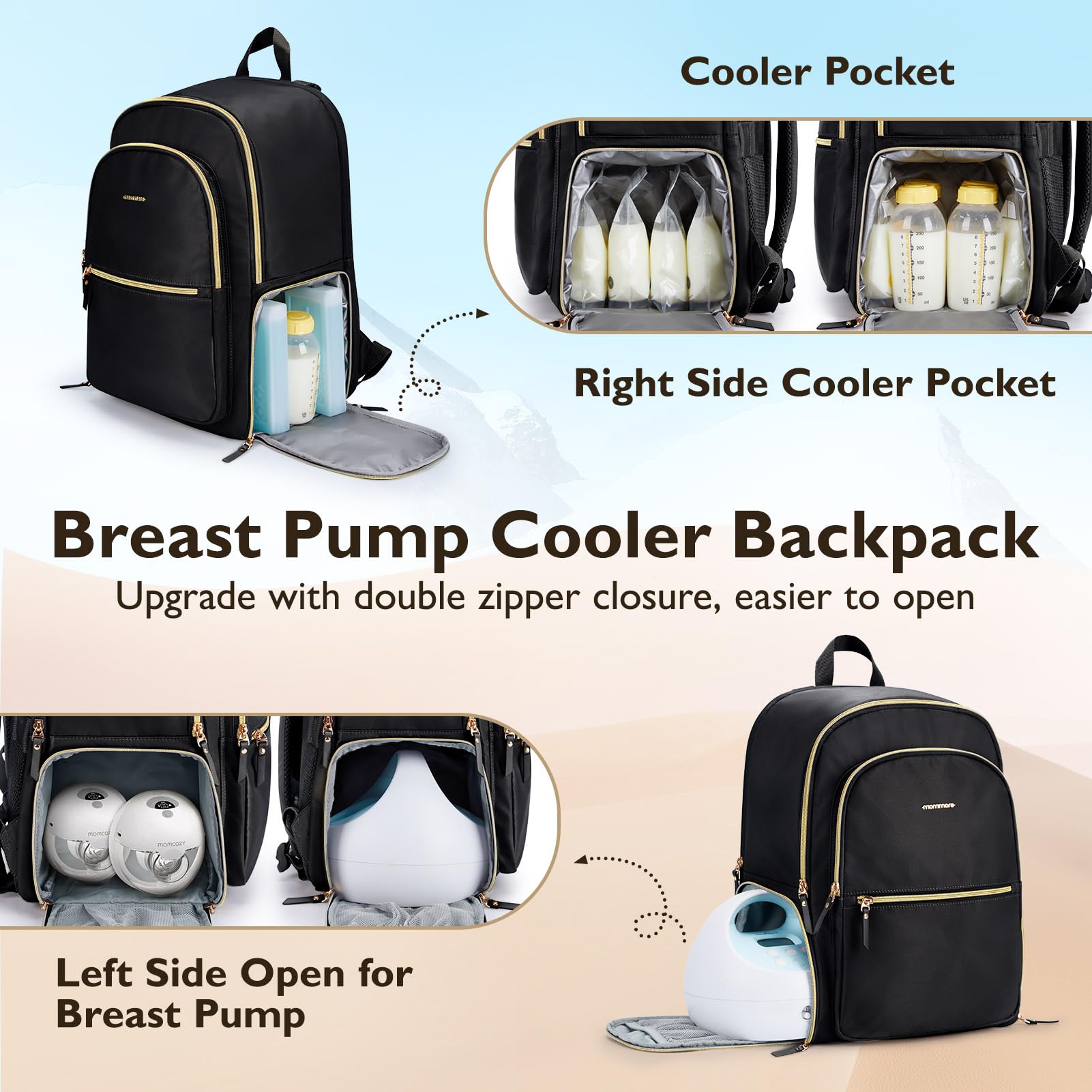 mommore backpack with removable divider section for pump and accessories