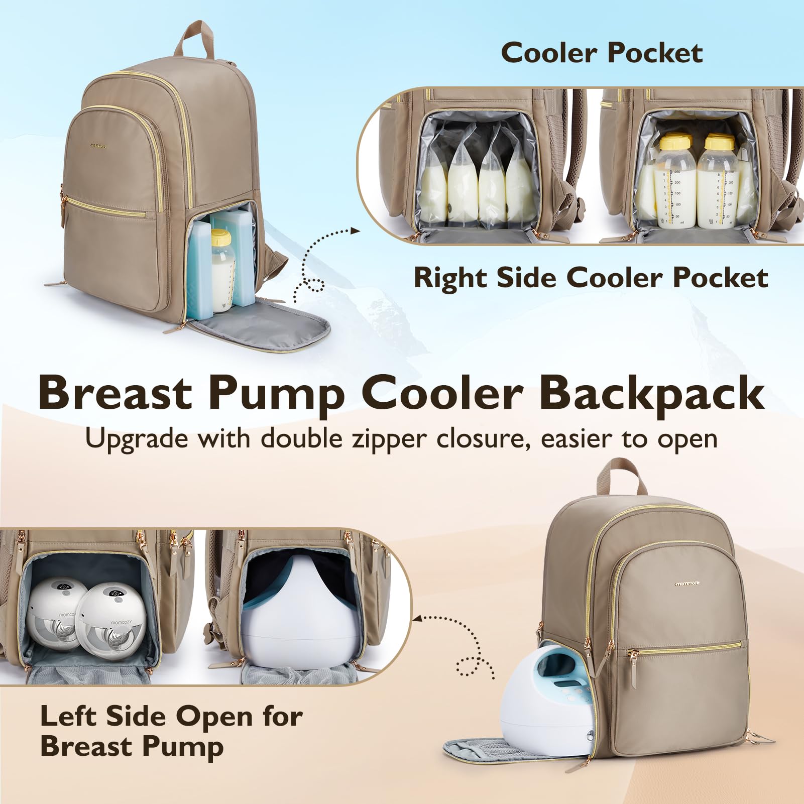 mommore bag with insulated milk pocket stores bottles securely during outings.