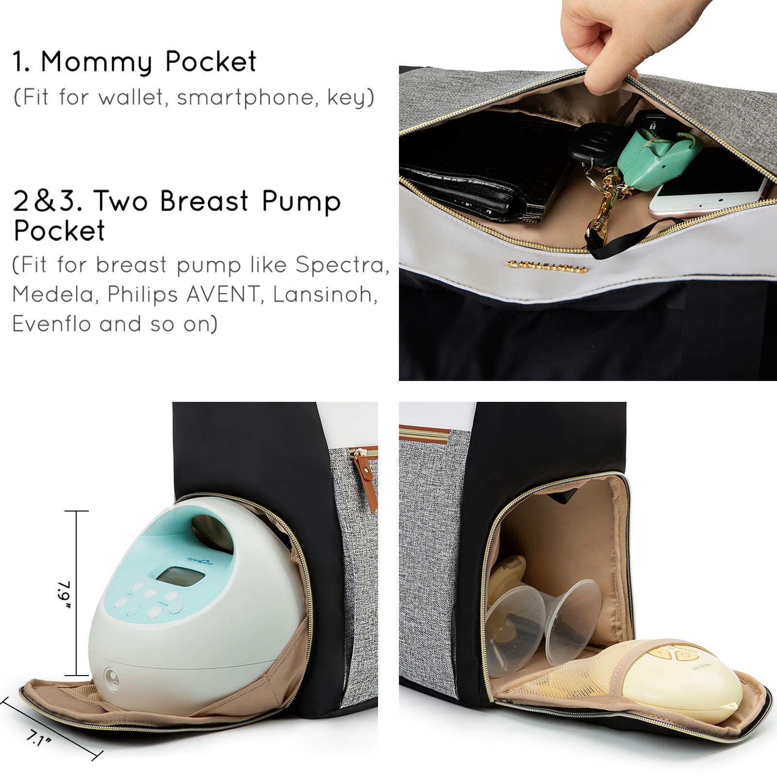 Three insulated pockets protect bottles and shields in Mommore bag