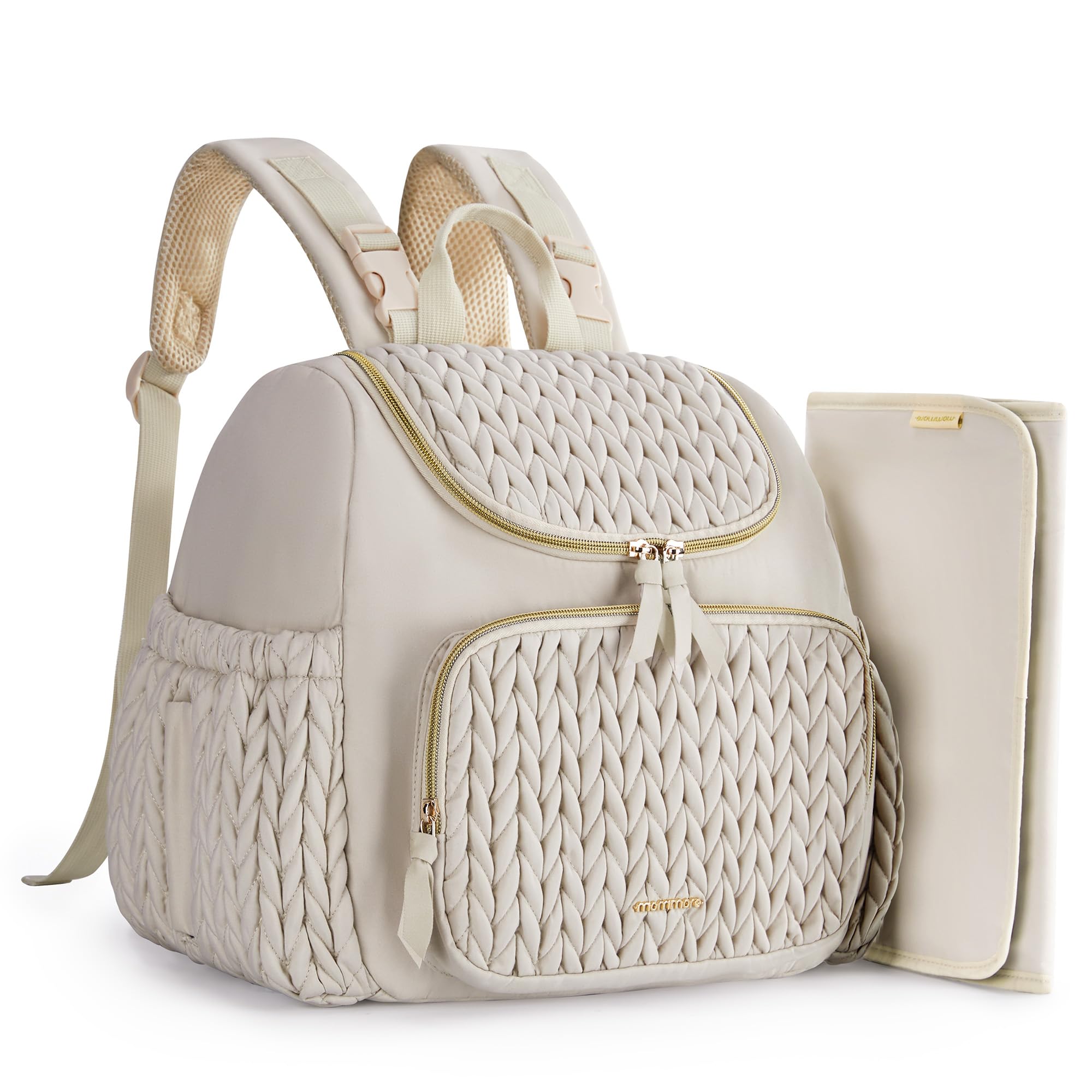 Mommore diaper bag small backpack, front view showing compact organization for quick access