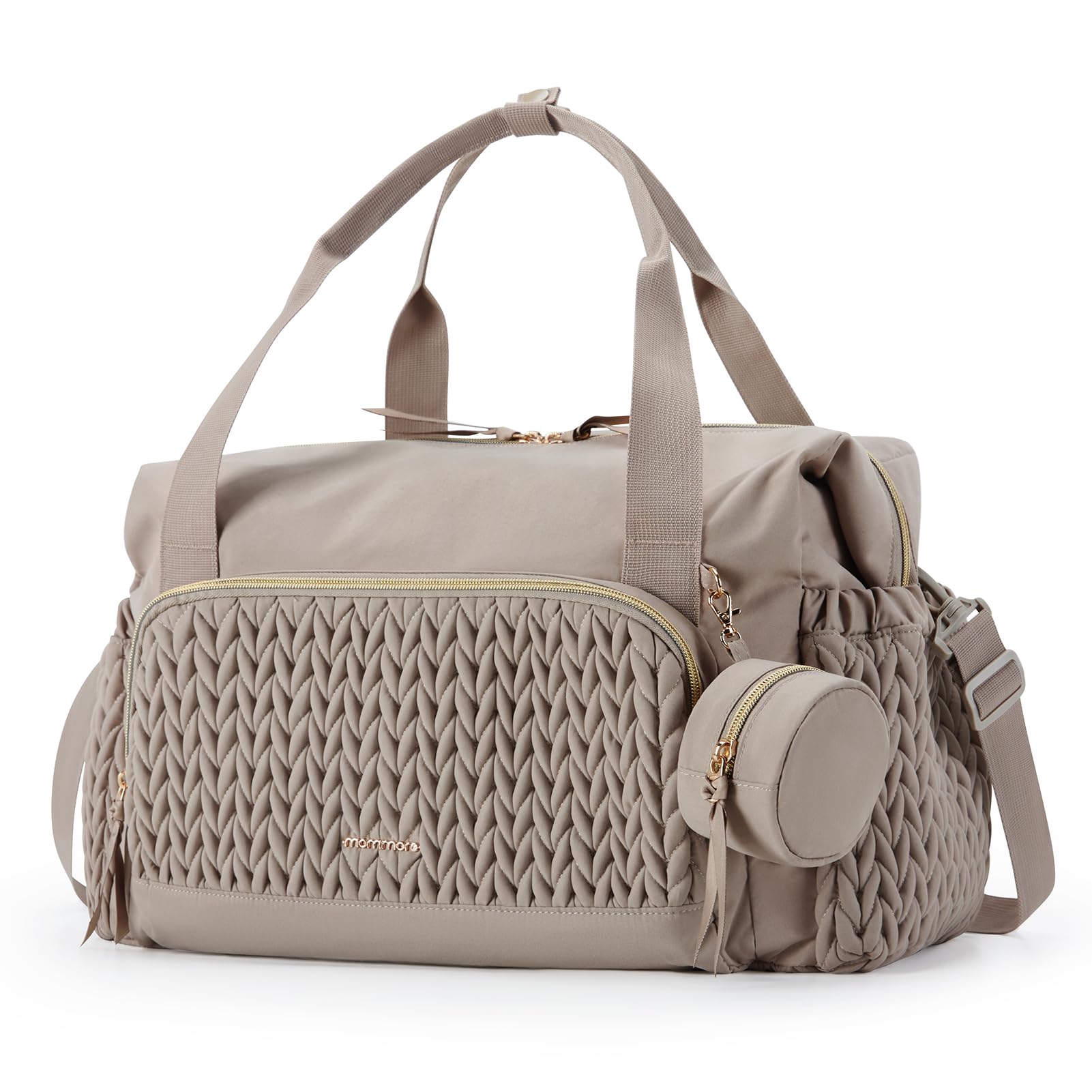 mommore diaper bag tote shows spacious compartments for organized baby essentials.
