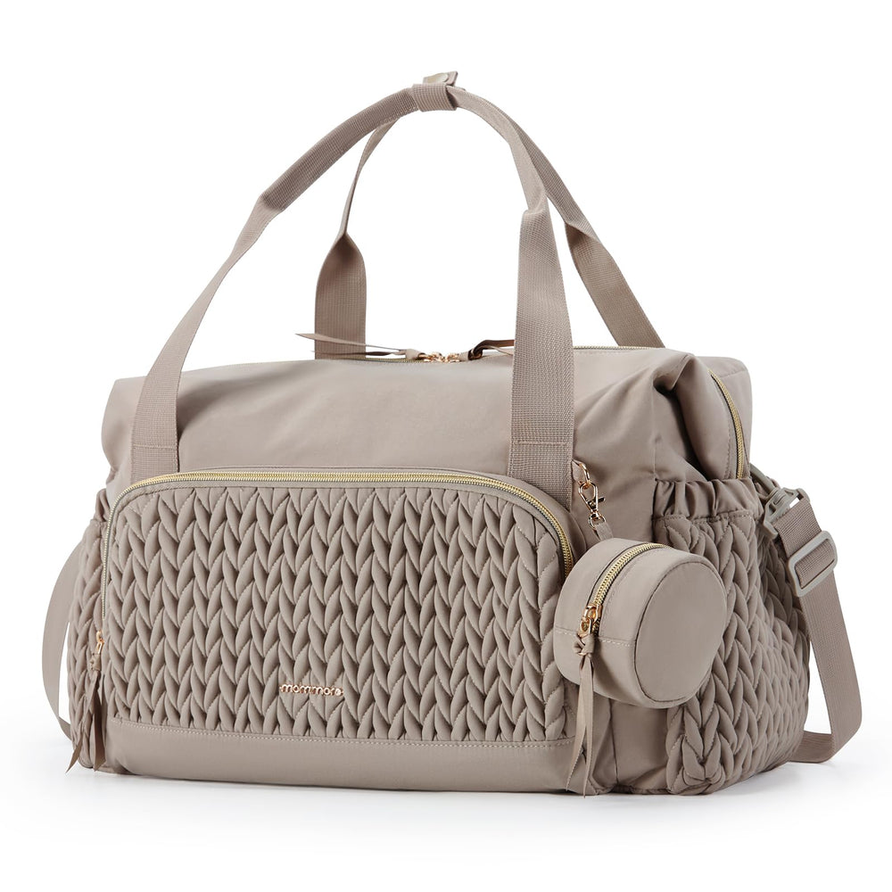 mommore diaper bag tote shows spacious compartments for organized baby essentials.